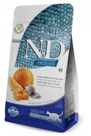 FARMINA N&D CAT GF OCEAN HERRING PUMPKIN sausā barība kaķiem Siļķes, ķirbis, apelsīni 1.5kg